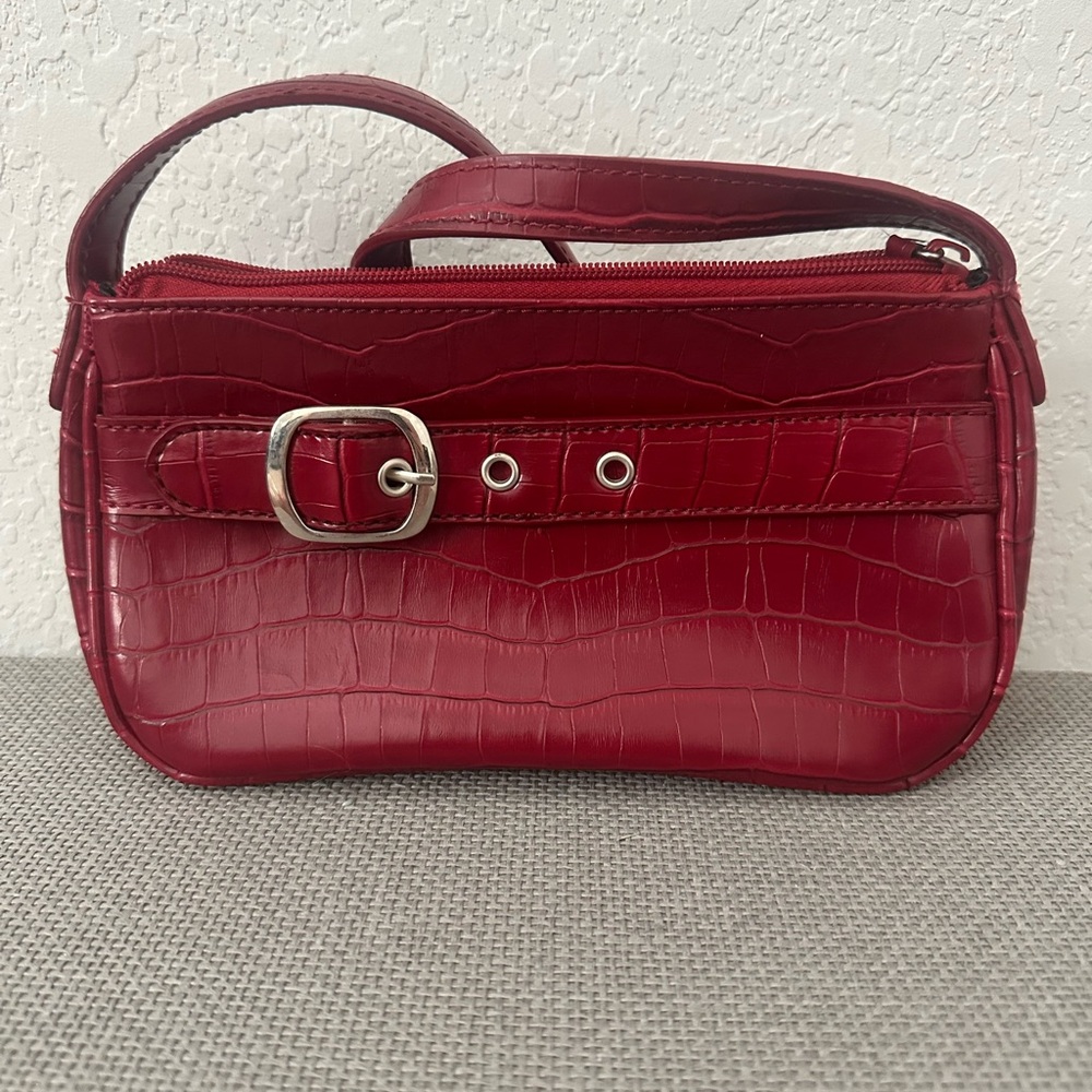 Red Croc-Embossed Handbag with Buckle